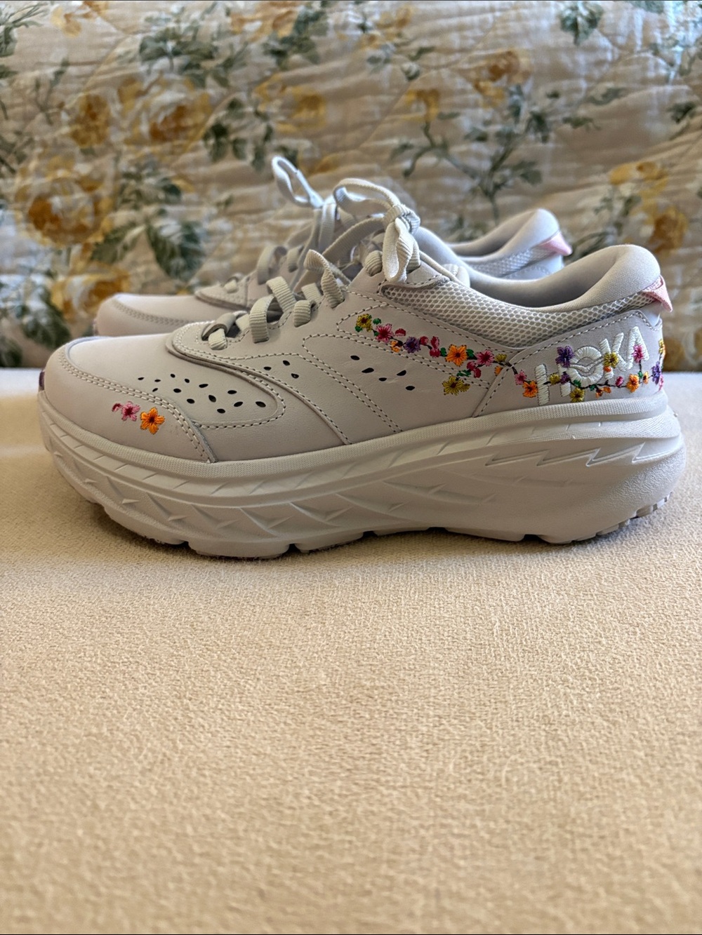 Hoka White Women's Clifton Bloom Embroidered Floral Platform Sneakers
